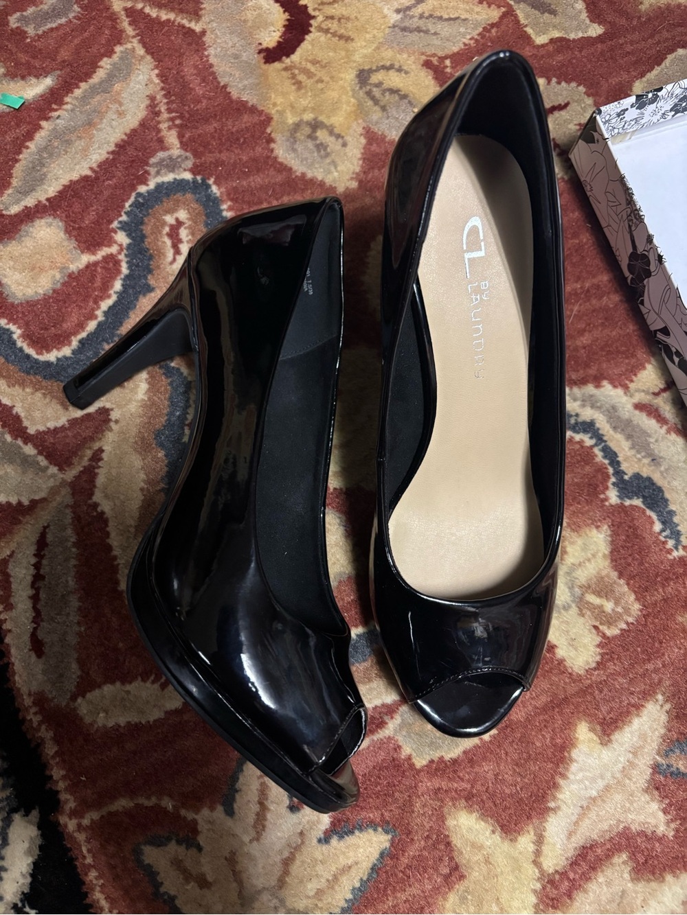 CL by Laundry Black Patent Peep-Toe Stiletto Heels